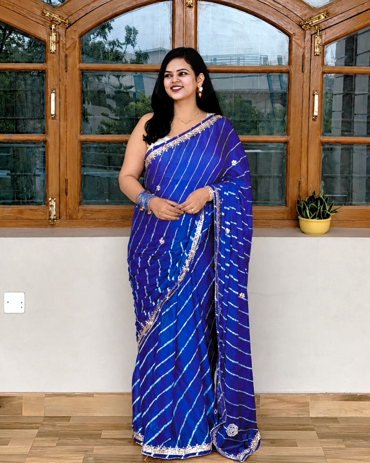 Royal Blue Gota Patti Leheriya Chinon Saree