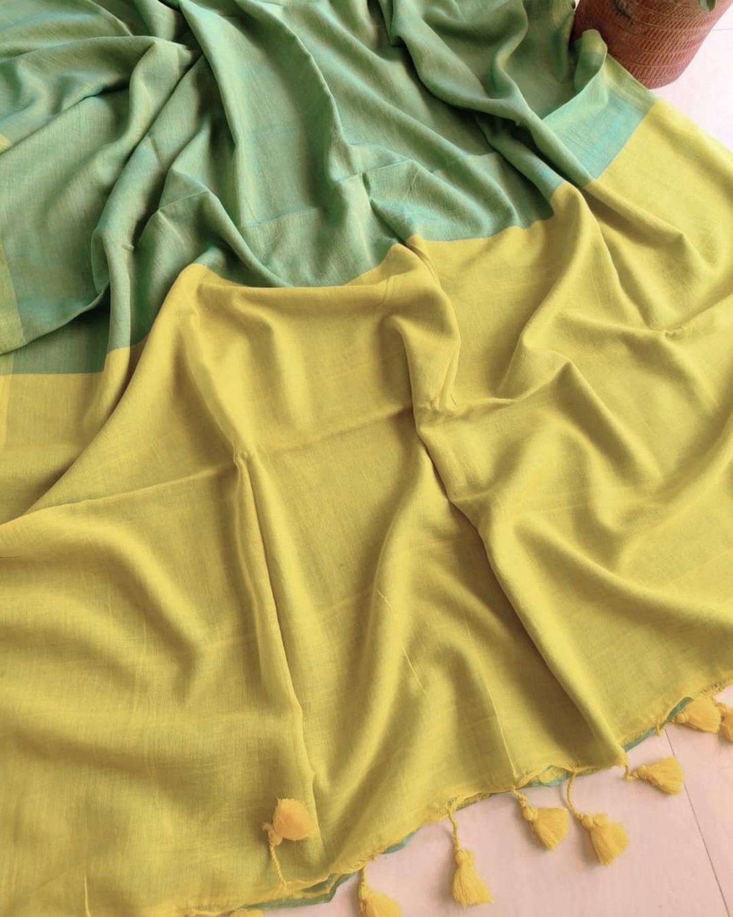Mint Green and Yellow Handwoven Khadi Cotton Saree