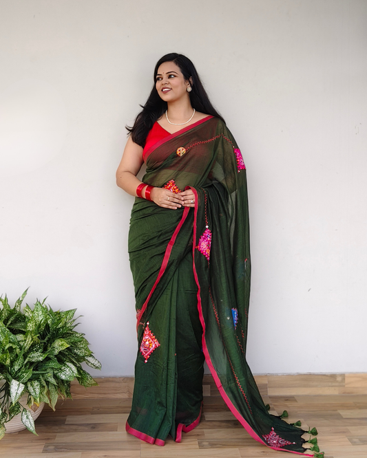Bottle Green Printed Patchwork Soft Cotton Saree