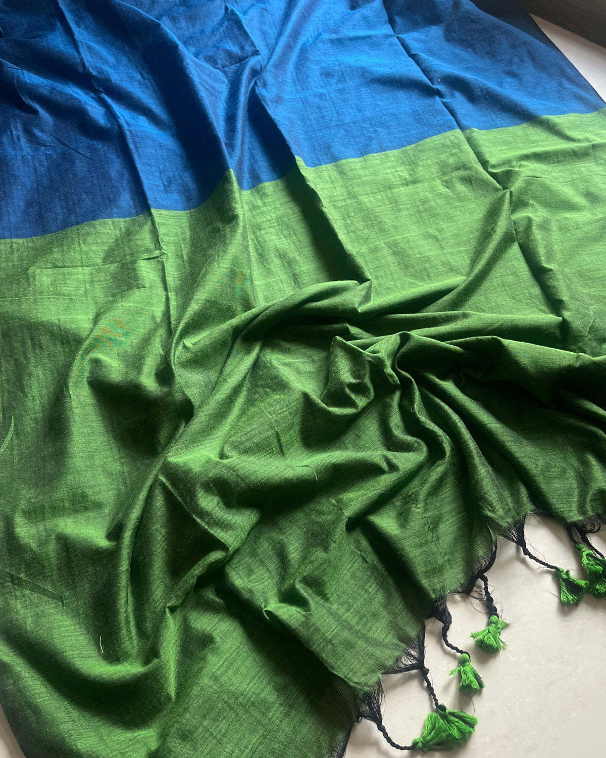 Blue and Green Handwoven Khadi Cotton Saree