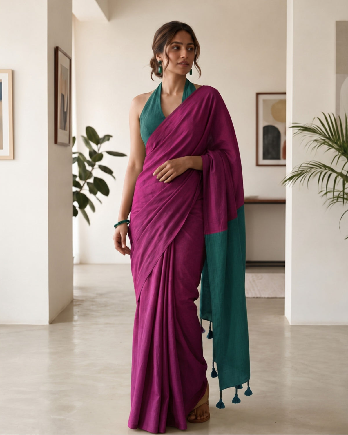 Pink and Teal Handwoven Khadi Cotton Saree