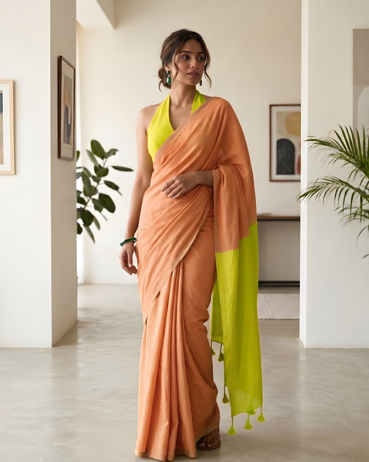 Orange and Neon Green Handwoven Khadi Cotton Saree