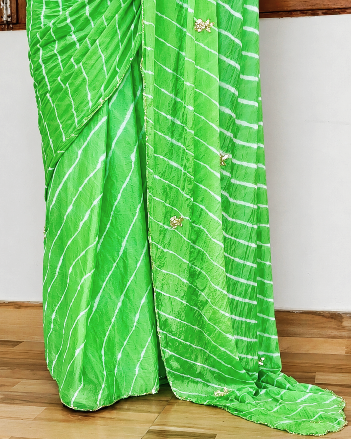 Parrot Green Embroidered Leheriya Chinon Saree