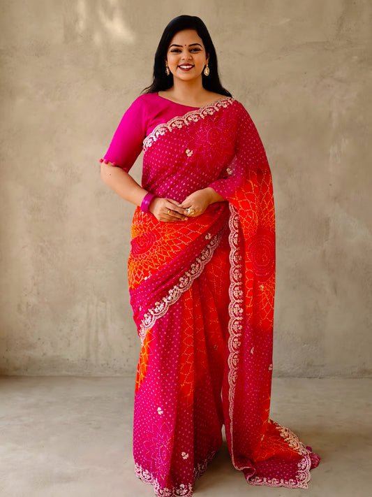 Pink And Orange Bandhani Printed Georgette Saree