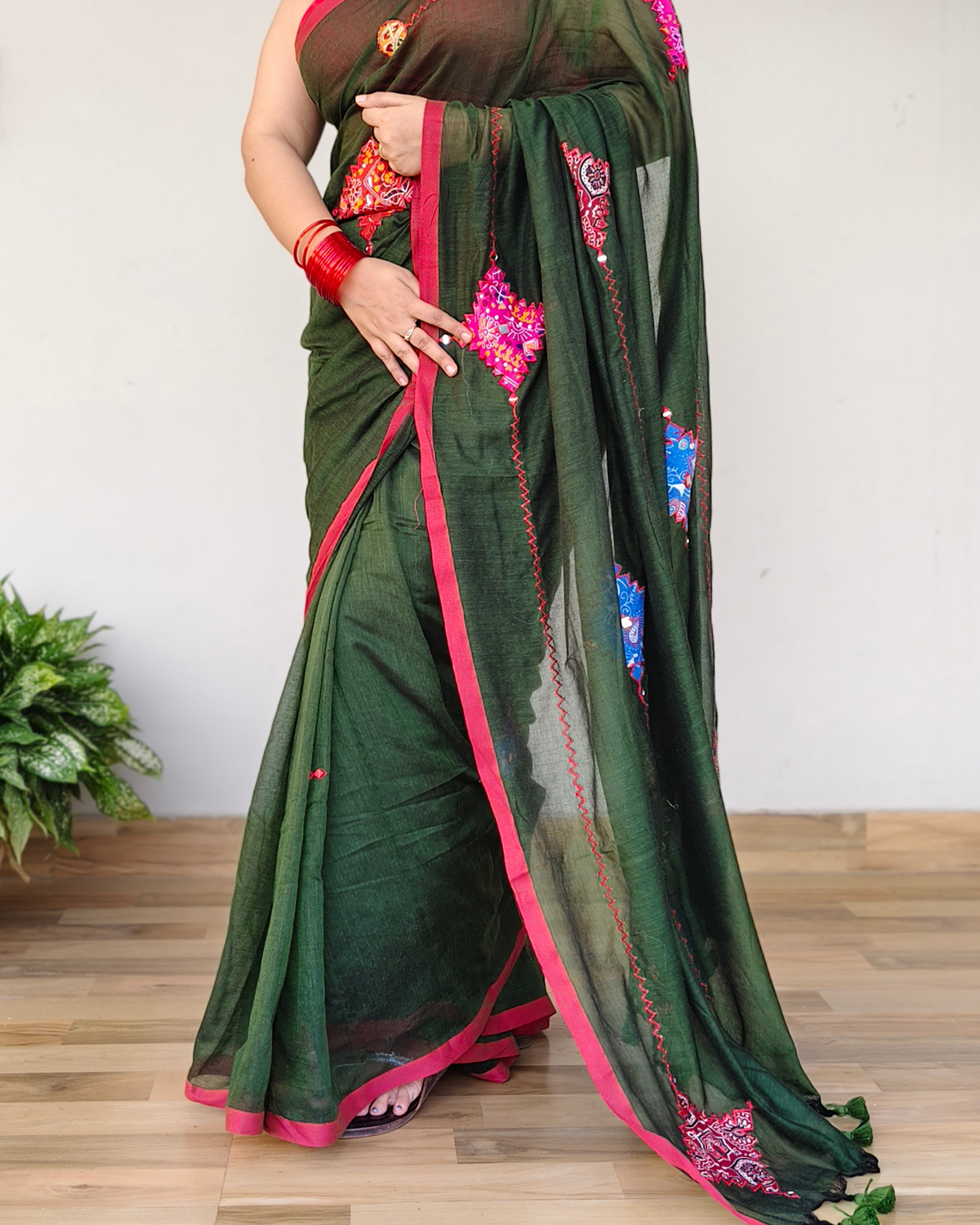 Bottle Green Printed Patchwork Soft Cotton Saree