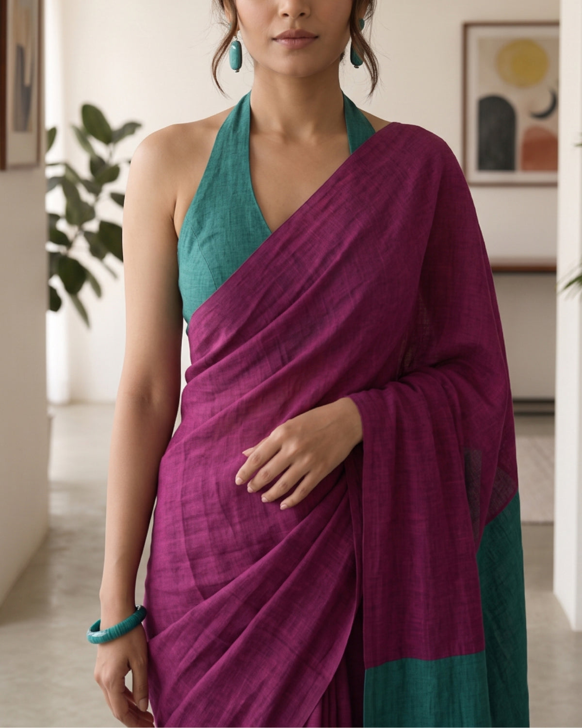 Pink and Teal Handwoven Khadi Cotton Saree