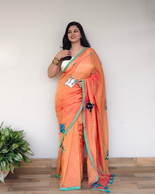 Orange Dual Tone Printed Patchwork Soft Cotton Saree