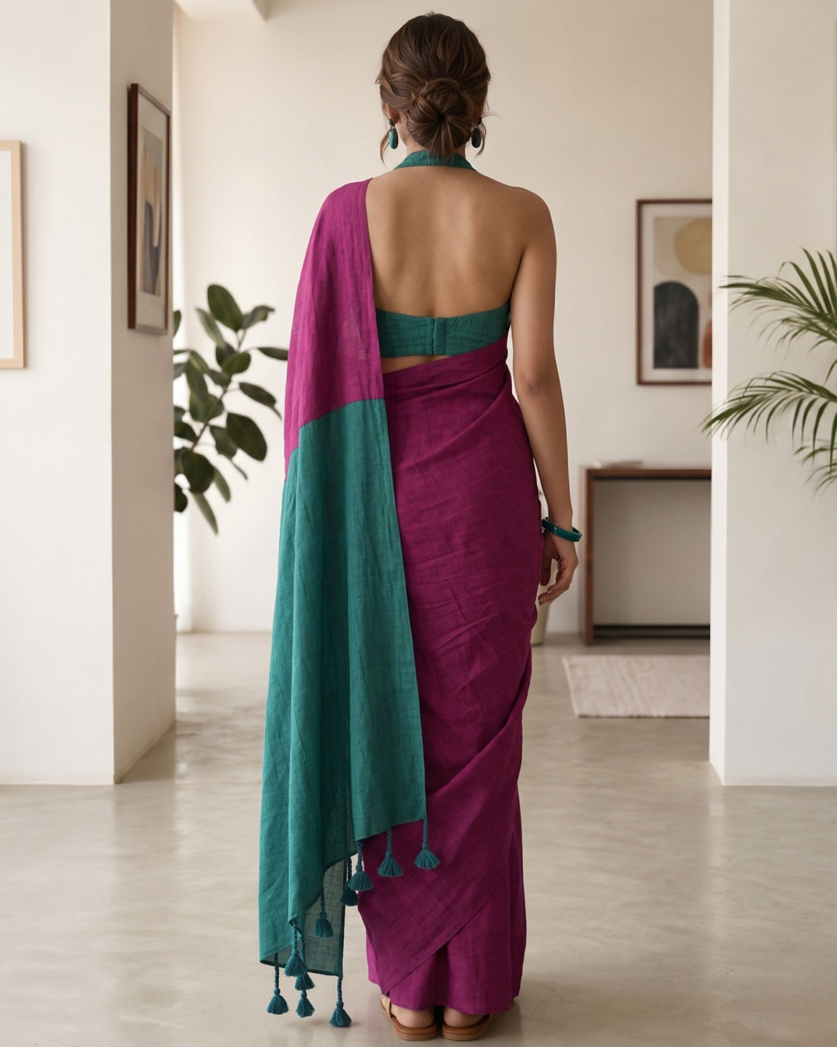 Pink and Teal Handwoven Khadi Cotton Saree