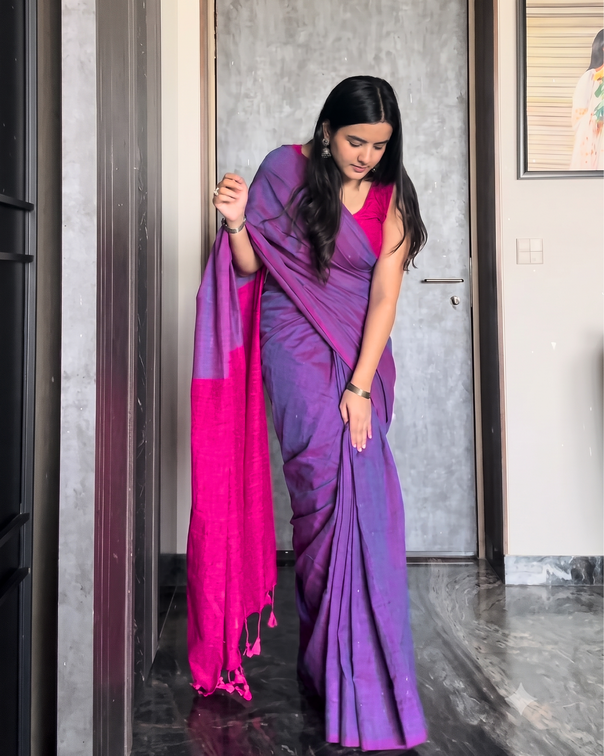 Purple and Pink Handwoven Khadi Cotton Saree