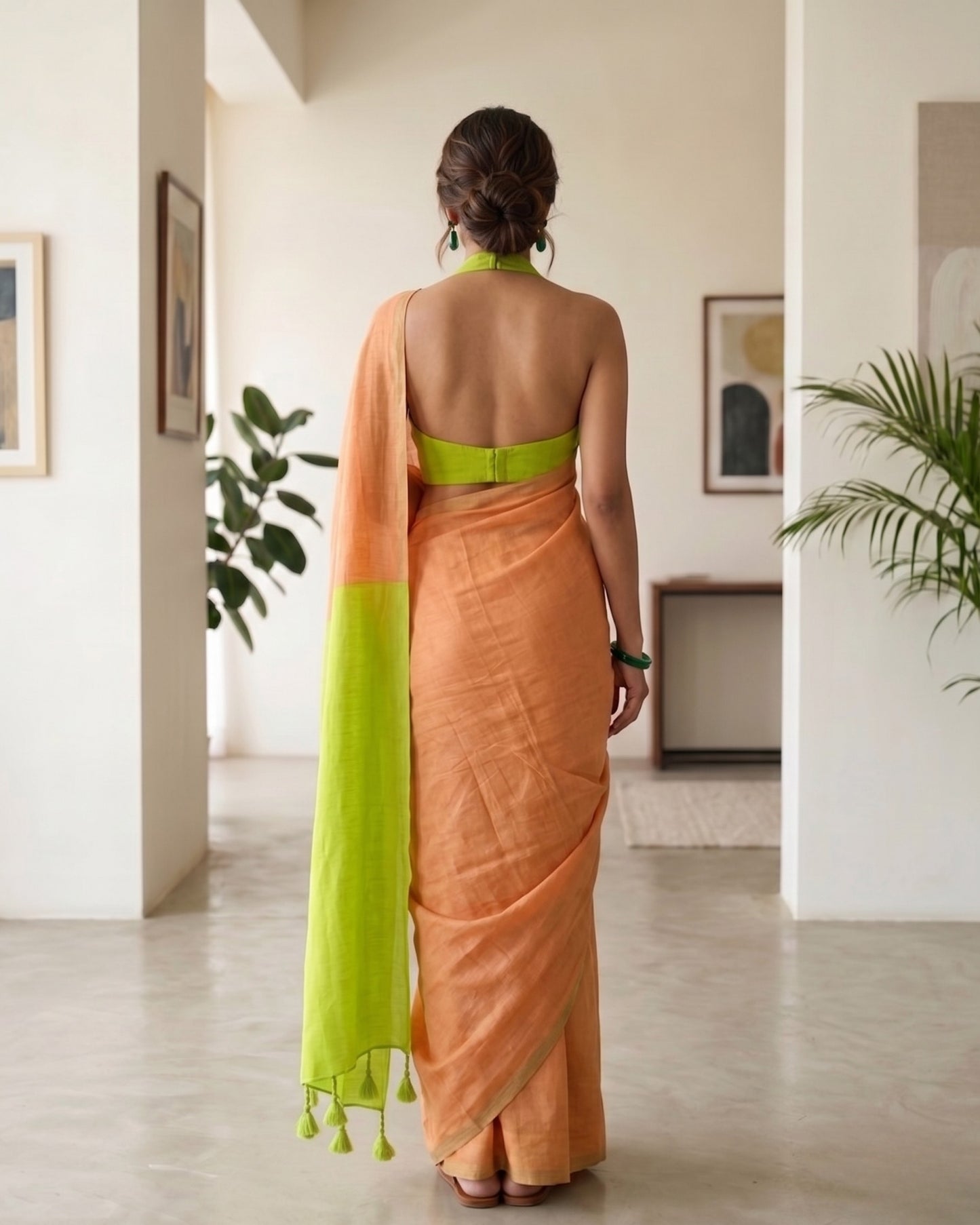 Orange and Neon Green Handwoven Khadi Cotton Saree