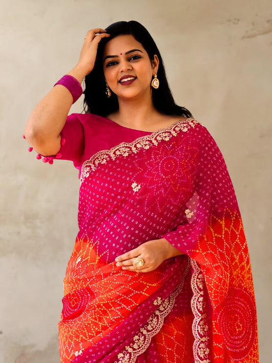 Pink And Orange Bandhani Printed Georgette Saree