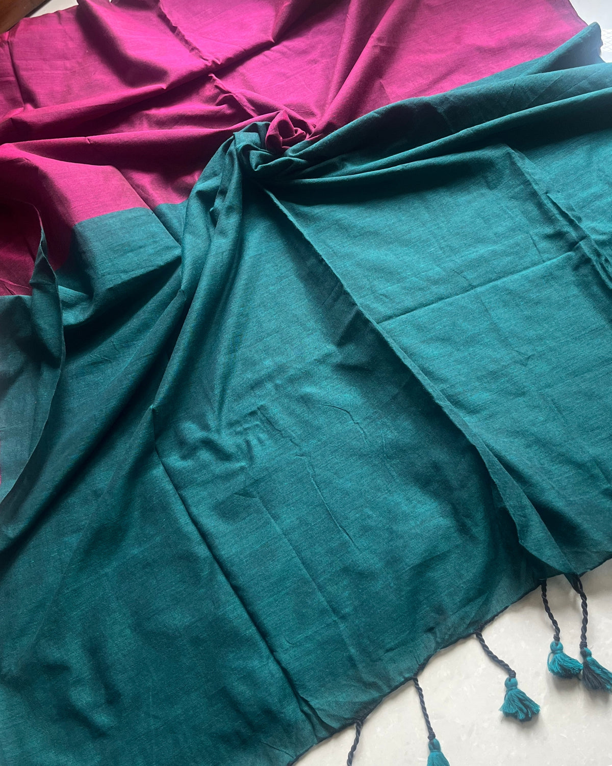 Pink and Teal Handwoven Khadi Cotton Saree