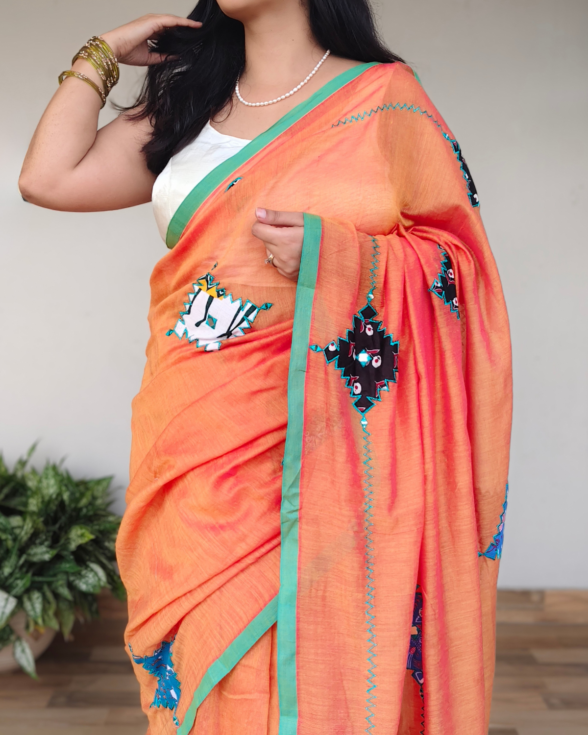 Orange Dual Tone Printed Patchwork Soft Cotton Saree