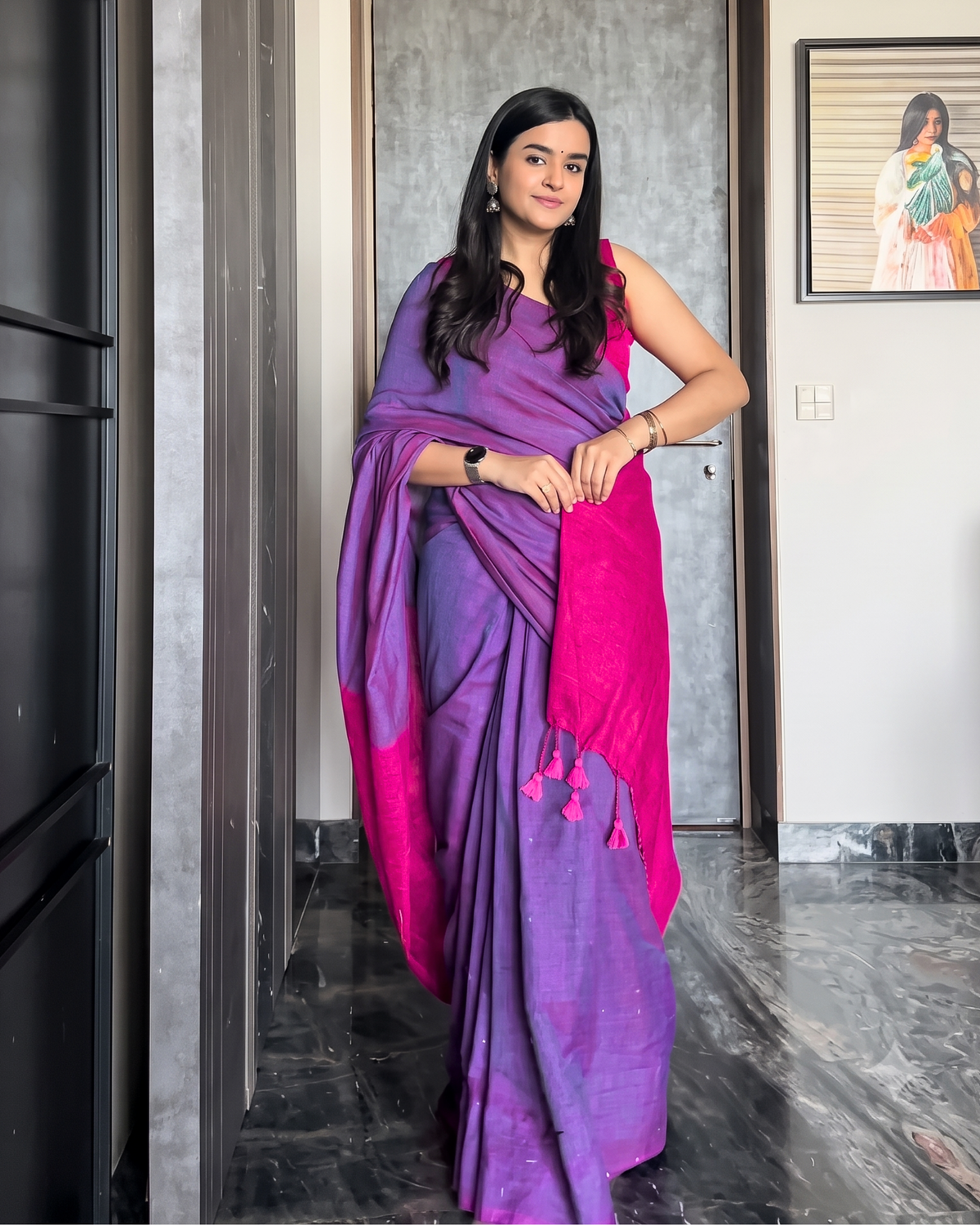 Purple and Pink Handwoven Khadi Cotton Saree