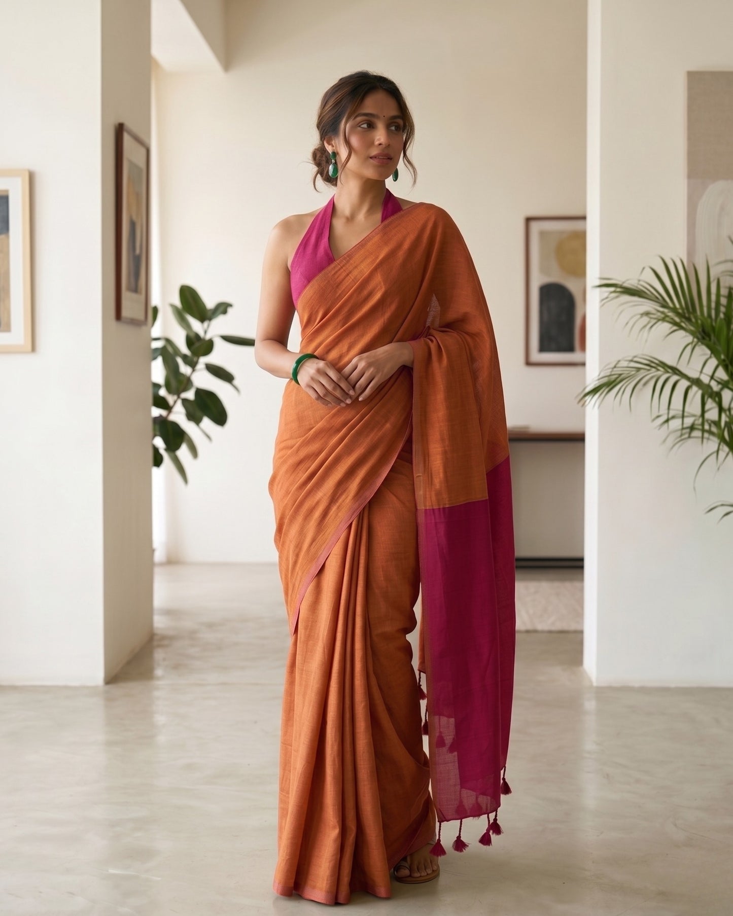 Burnt Orange and Pink Handwoven Khadi Cotton Saree