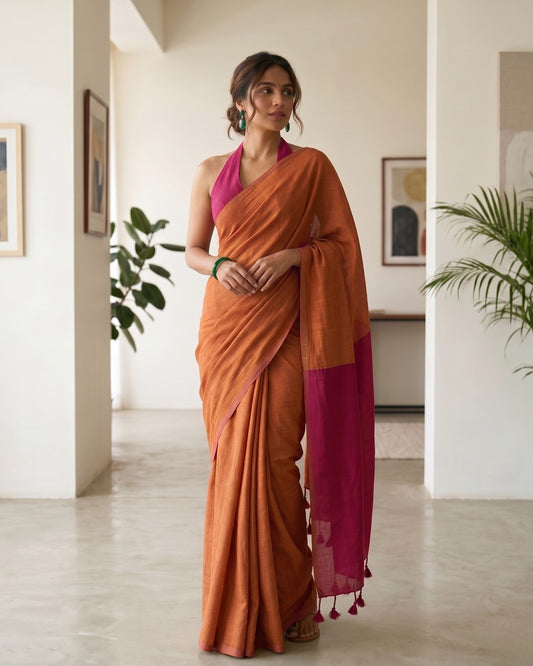 Burnt Orange and Pink Handwoven Khadi Cotton Saree
