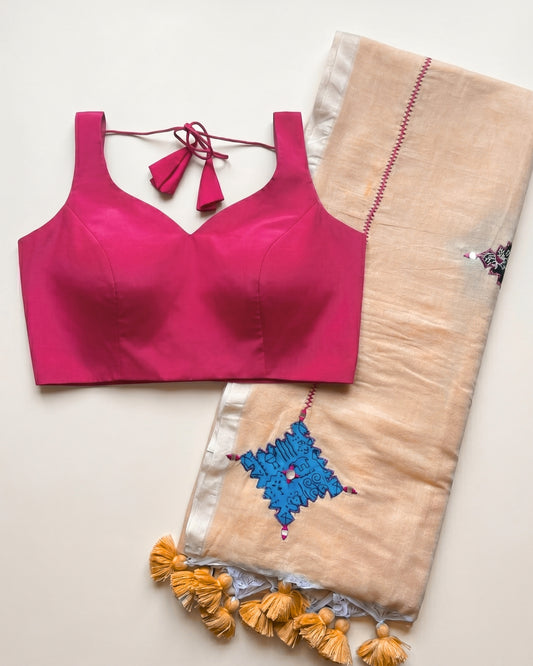 Beige Patchwork Handloom Cotton Saree + Pink Crepe Blouse Combo