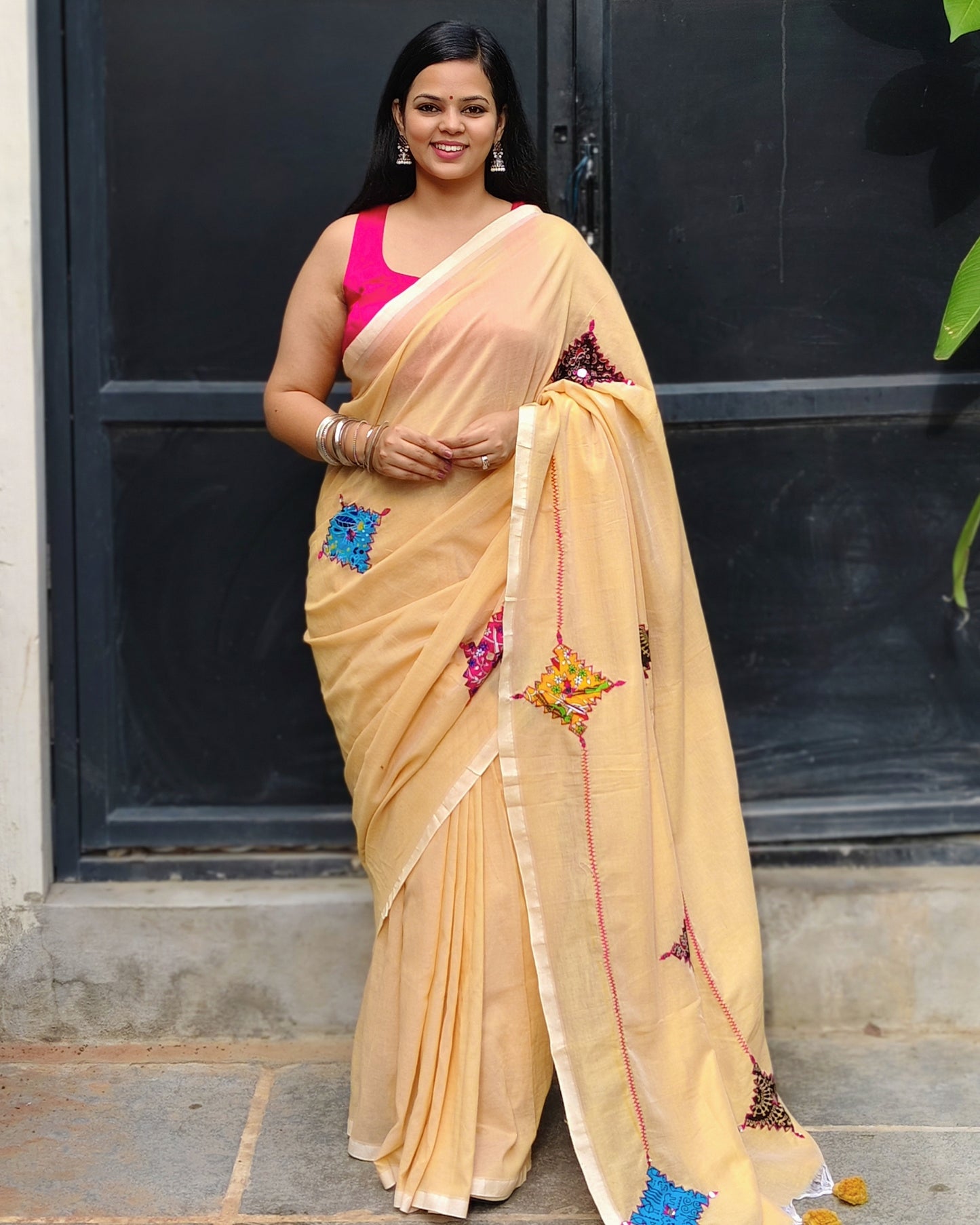 Beige Patchwork Handloom Cotton Saree + Pink Crepe Blouse Combo