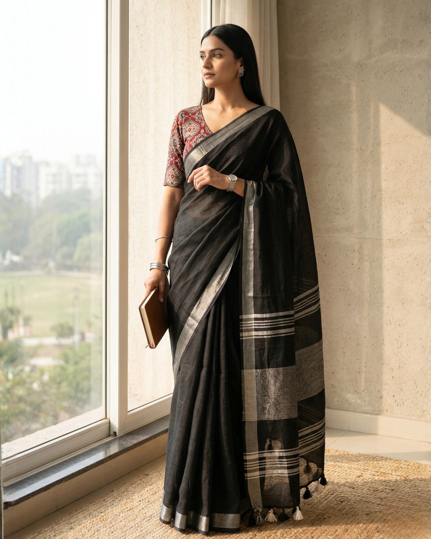 Black Pure Linen Saree With Handblock Printed Blouse Piece