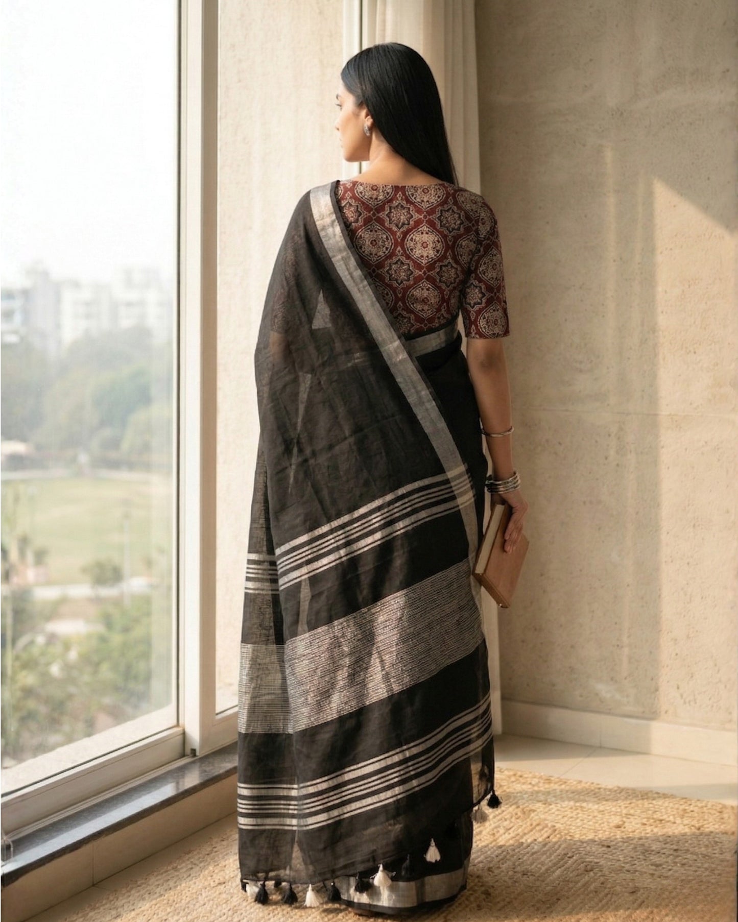Black Pure Linen Saree With Handblock Printed Blouse Piece