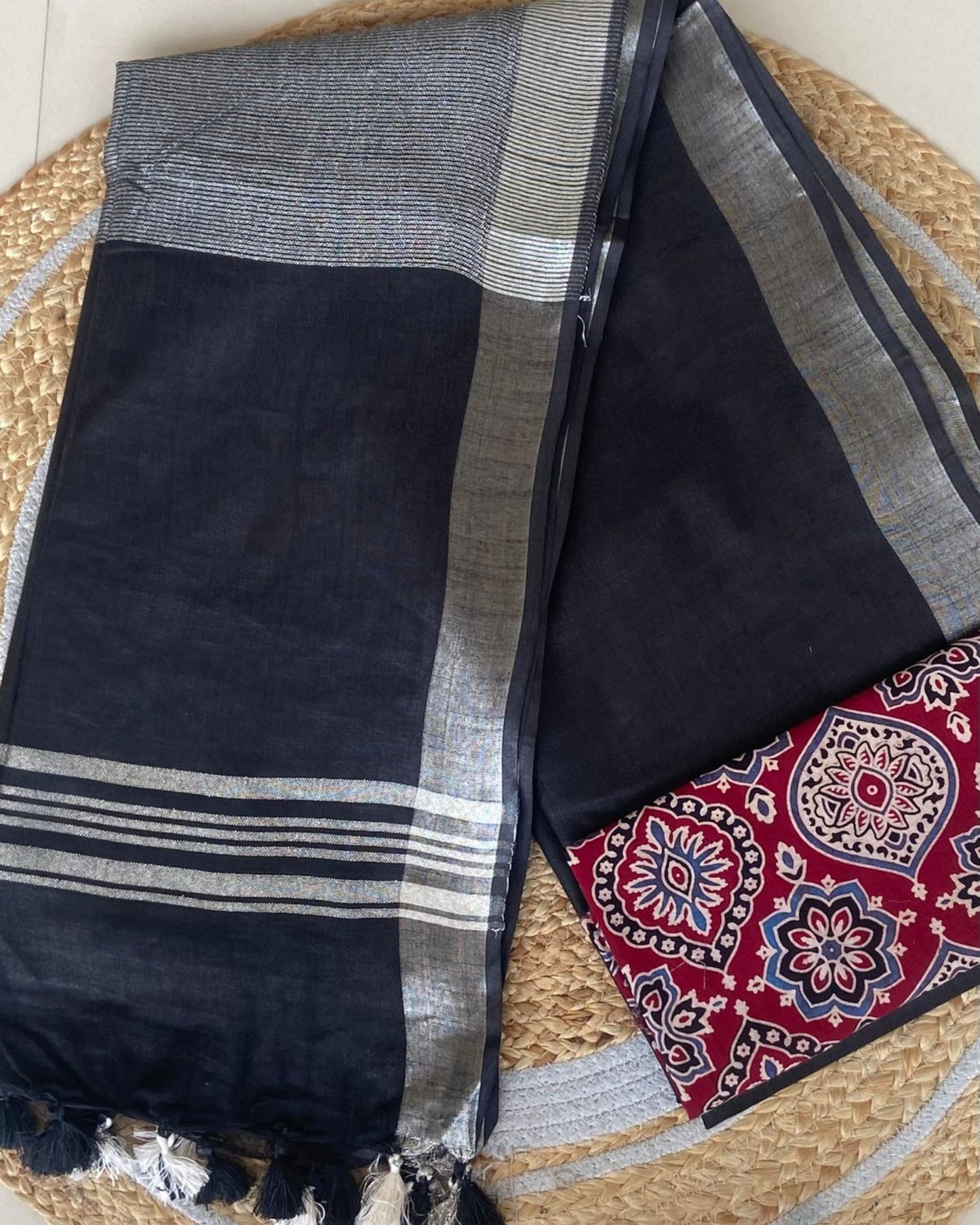 Black Pure Linen Saree With Handblock Printed Blouse Piece