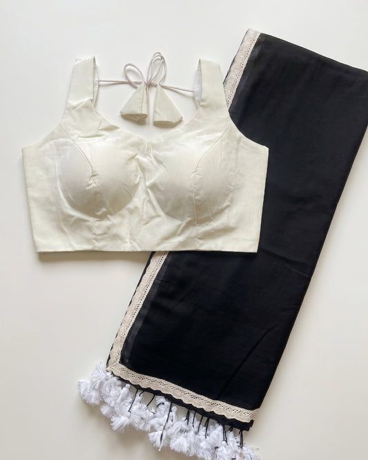 Black Mulcotton Lace Saree + Off White Crepe Blouse Combo