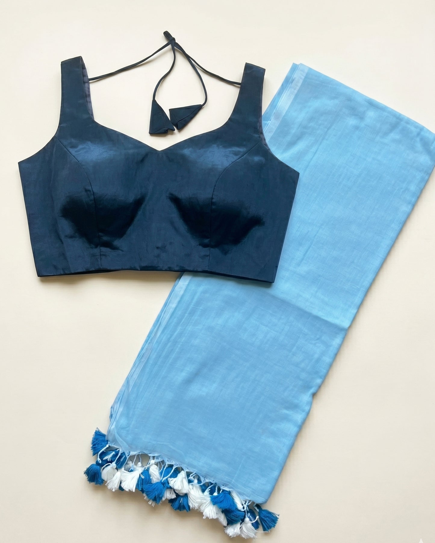 Pastel Blue Mulcotton Saree + Blue Crepe Blouse Combo