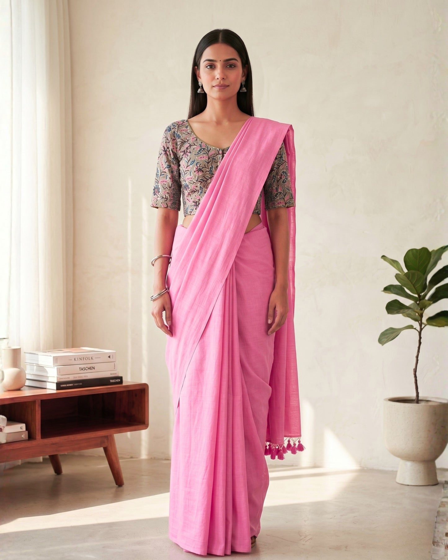 Blush Pink Handwoven Khadi Cotton Saree + Stretchable Cotton Blouse Combo