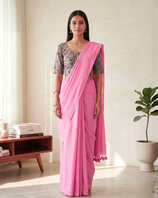 Blush Pink Handwoven Khadi Cotton Saree + Stretchable Cotton Blouse Combo
