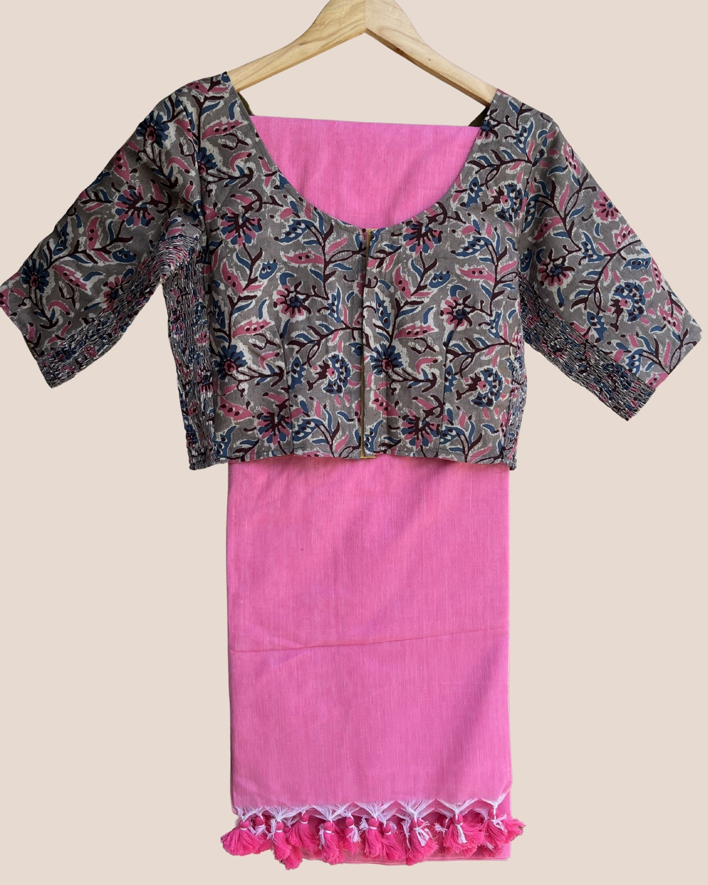 Blush Pink Handwoven Khadi Cotton Saree + Stretchable Cotton Blouse Combo