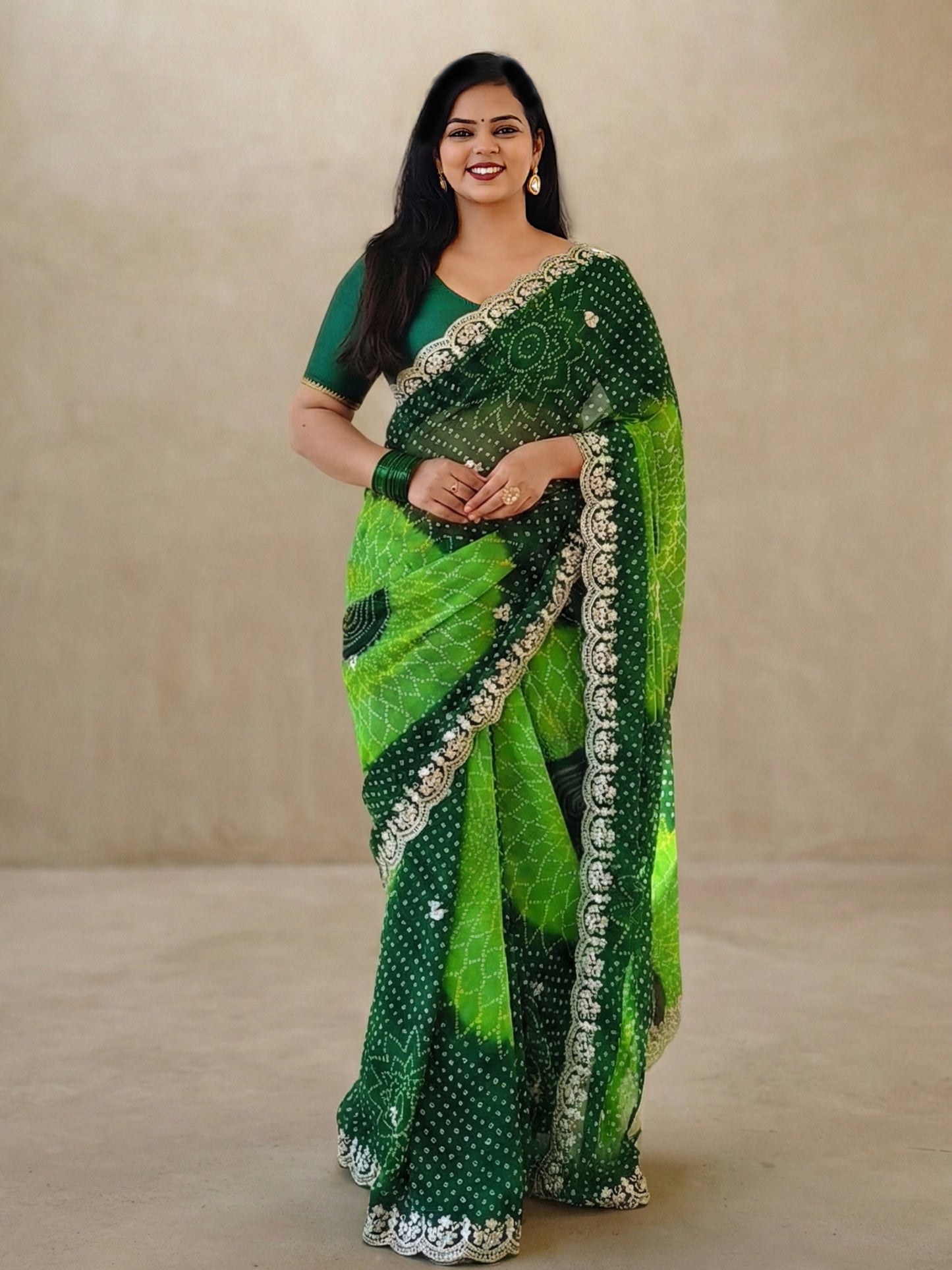 Bottle Green And Light Green Bandhani Printed Georgette Saree