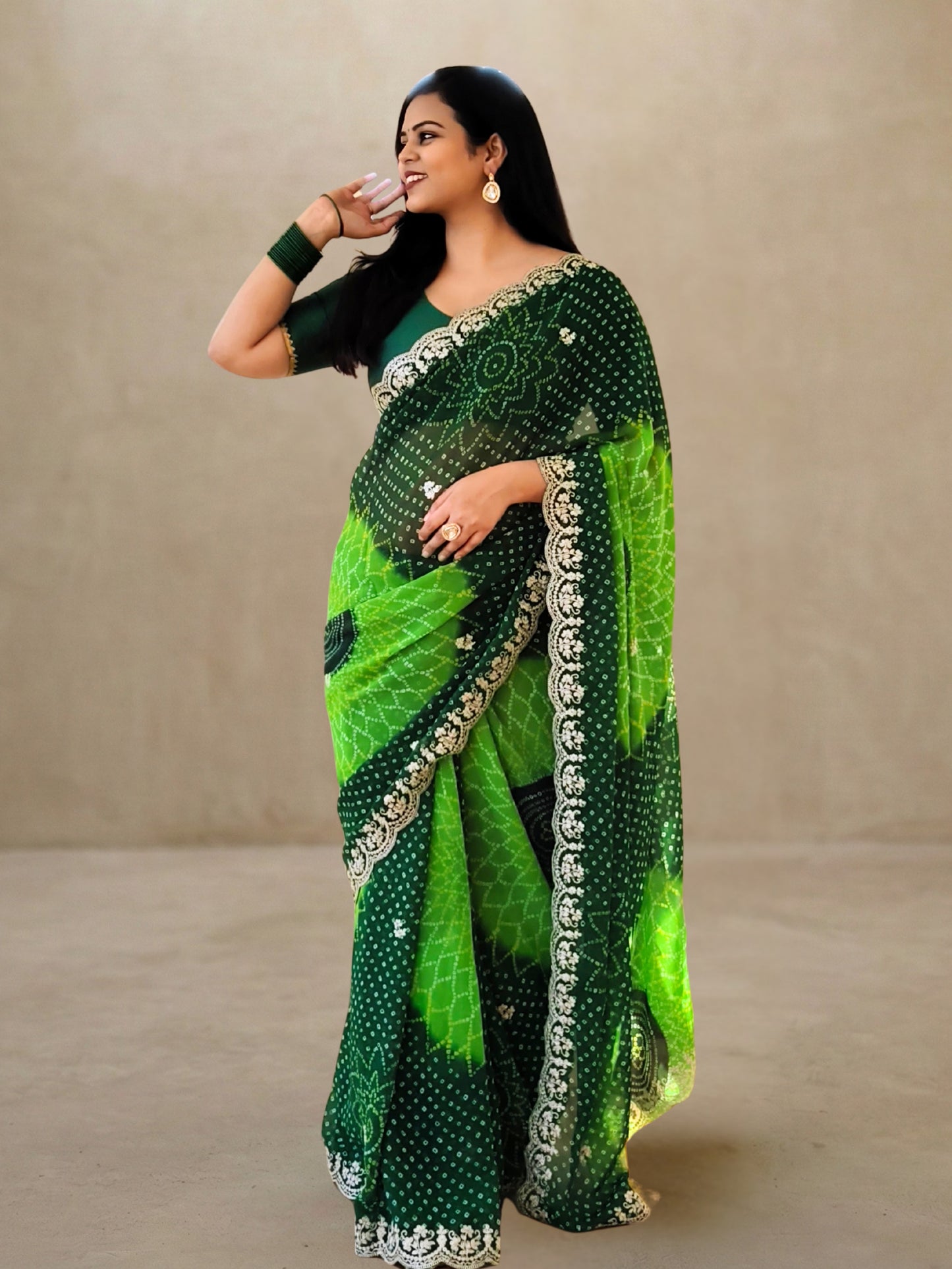 Bottle Green And Light Green Bandhani Printed Georgette Saree