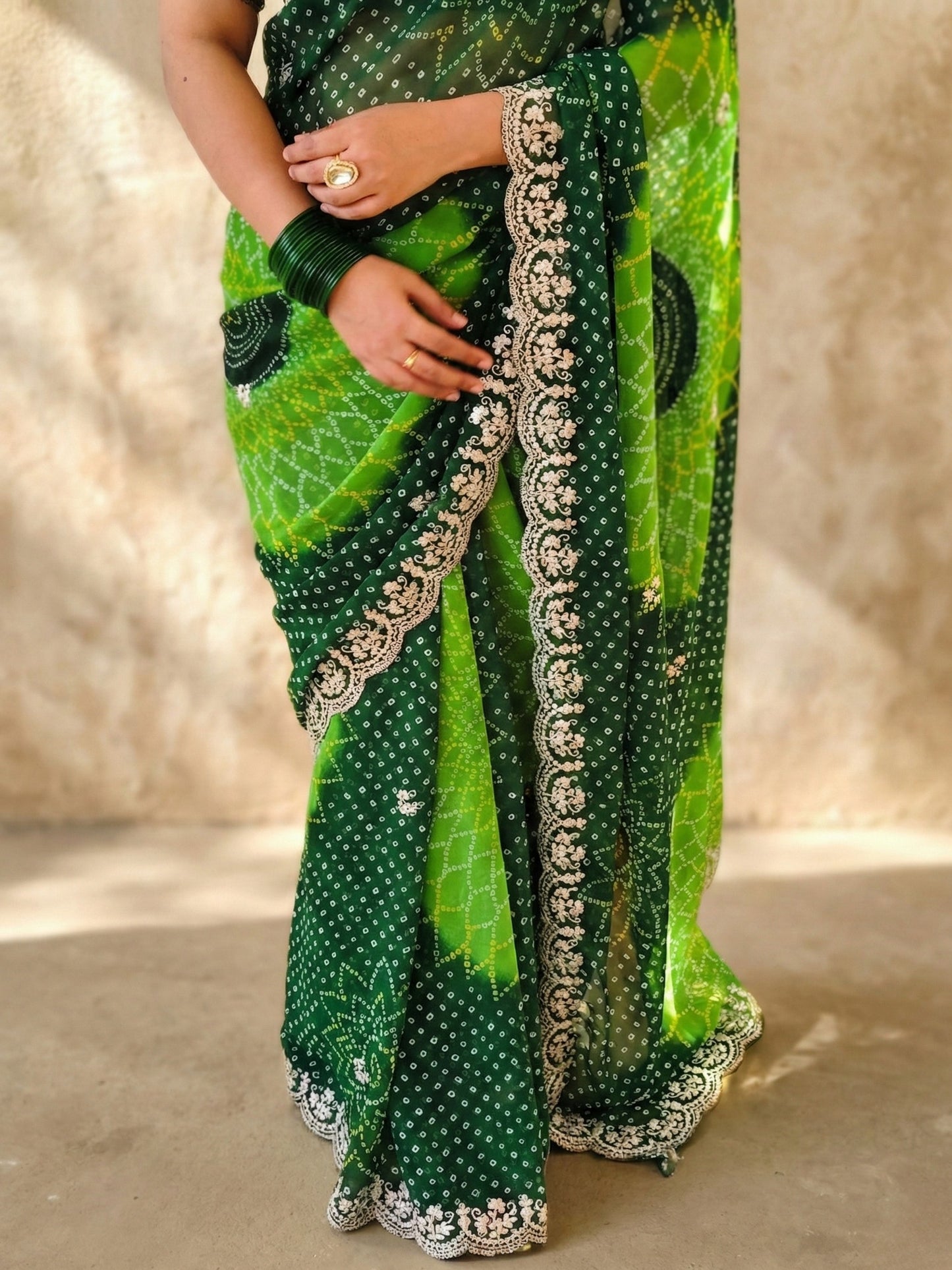 Bottle Green And Light Green Bandhani Printed Georgette Saree