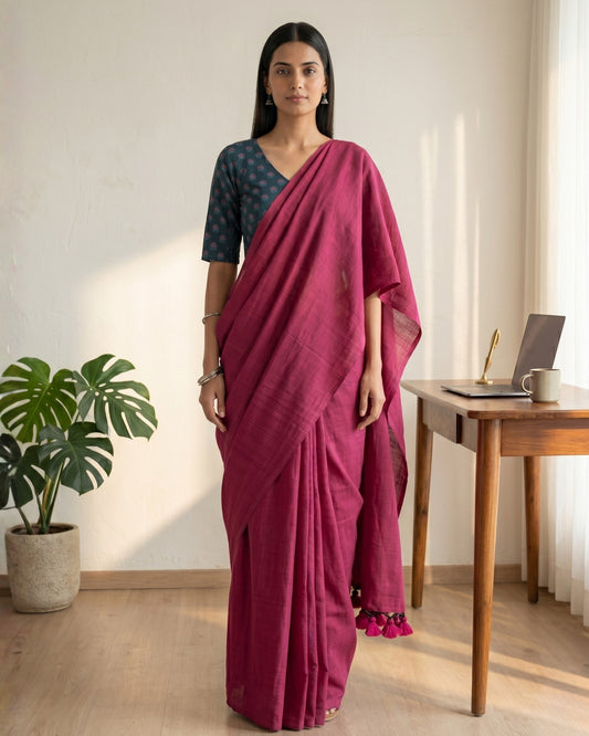 Deep Pink Handwoven Khadi Cotton Saree + Stretchable Cotton Blouse Combo