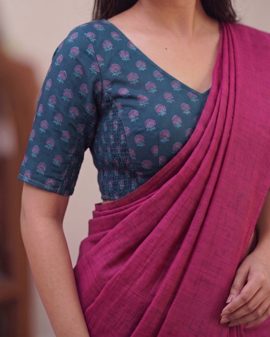 Deep Pink Handwoven Khadi Cotton Saree + Stretchable Cotton Blouse Combo