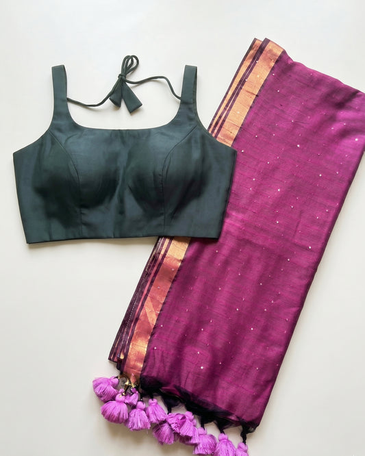 Deep Pink Sequin Handloom Cotton Saree + Dark Green Satin Blouse Combo
