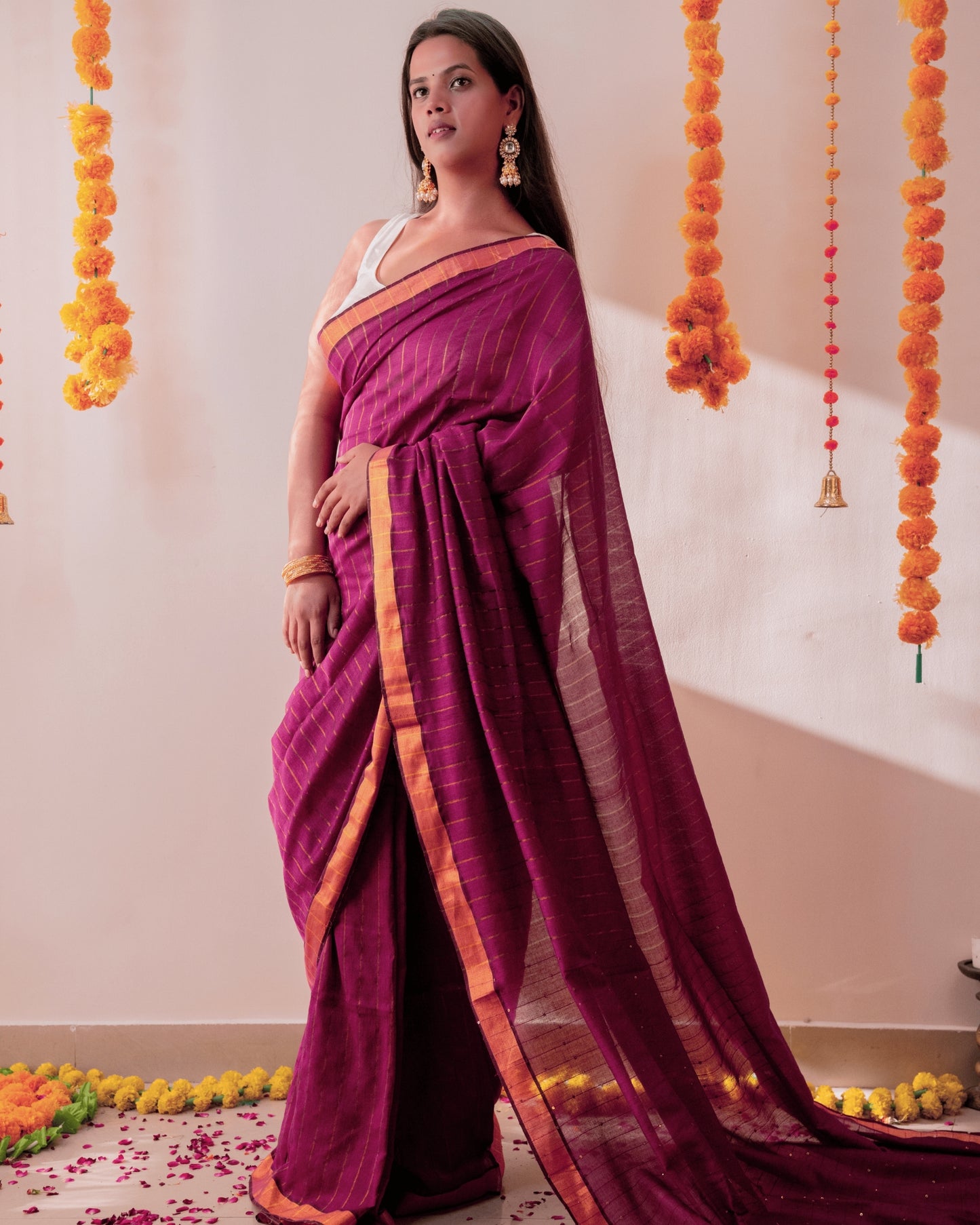 Deep Pink Sequin Handloom Cotton Saree + Dark Green Satin Blouse Combo