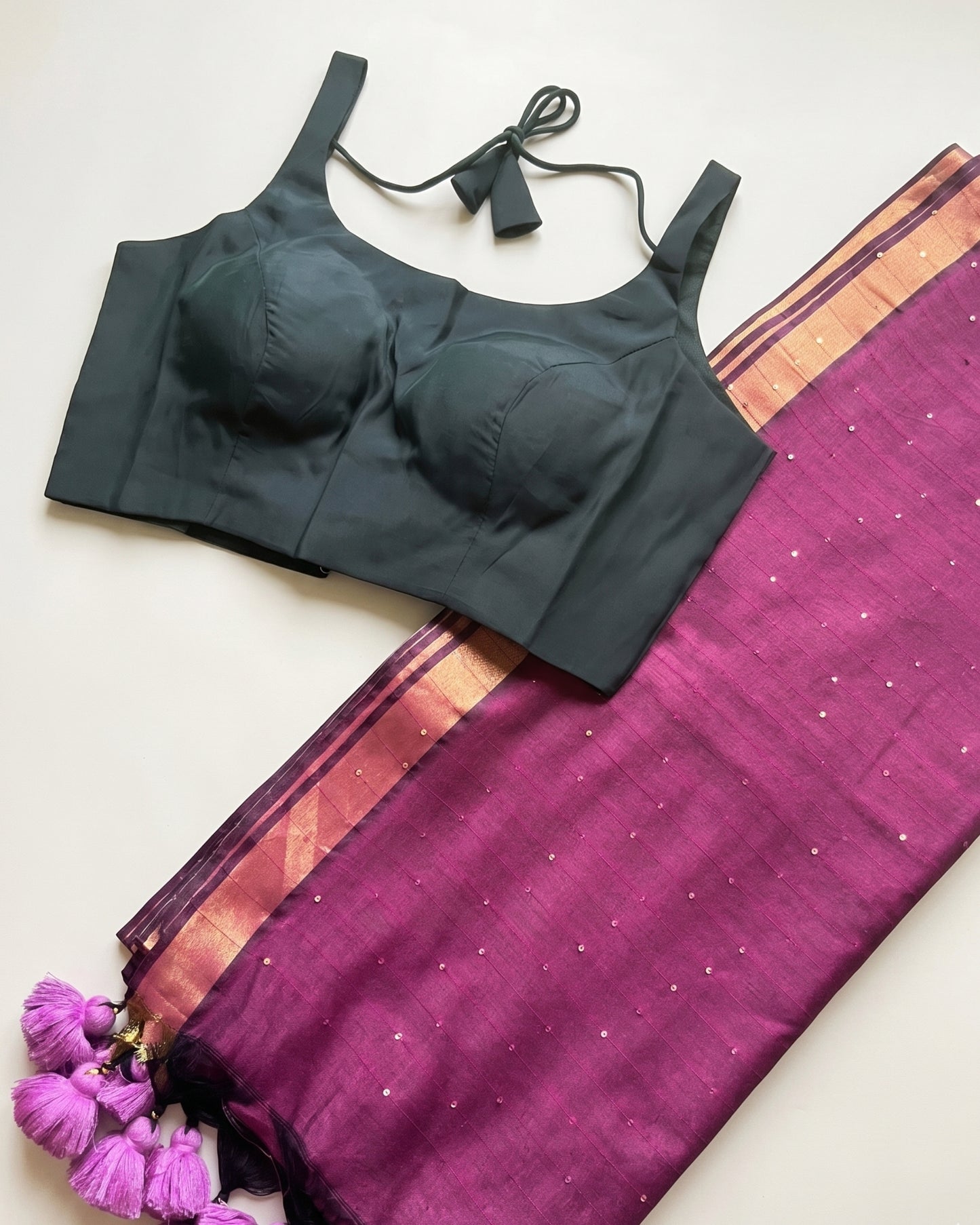 Deep Pink Sequin Handloom Cotton Saree + Dark Green Satin Blouse Combo