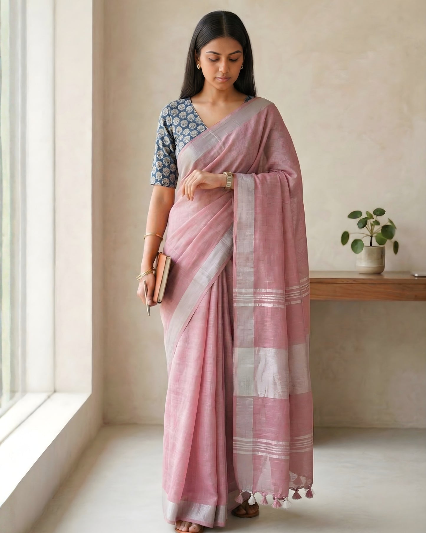 Dusty Pink Pure Linen Saree With Handblock Printed Blouse Piece