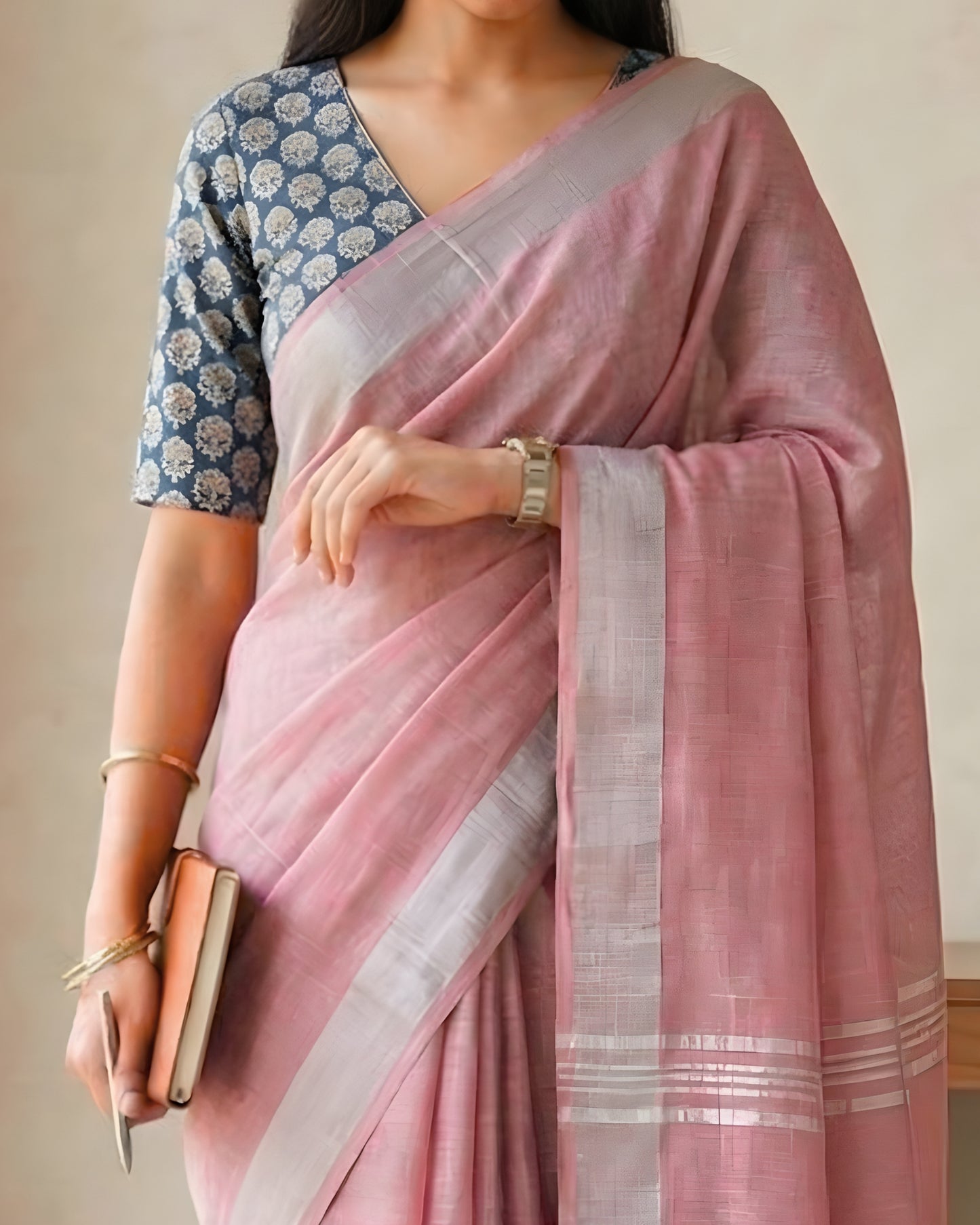 Dusty Pink Pure Linen Saree With Handblock Printed Blouse Piece