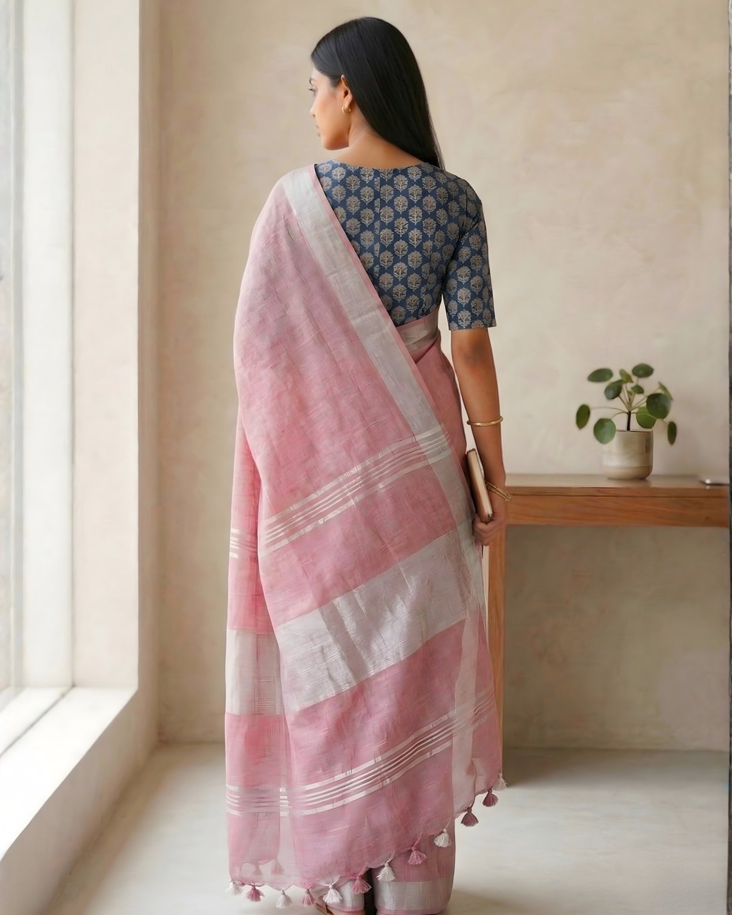 Dusty Pink Pure Linen Saree With Handblock Printed Blouse Piece