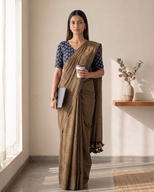 Earthy Brown Handwoven Khadi Cotton Saree + Stretchable Cotton Blouse Combo