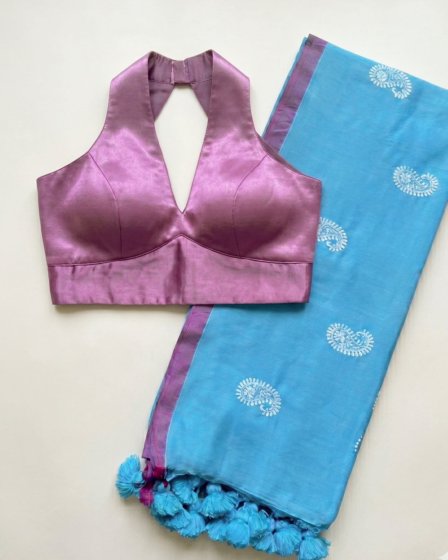 Firozi Ambi Handloom Cotton Saree + Mauve Gajji Silk Blouse Combo