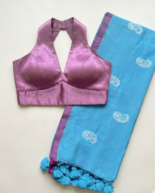 Firozi Ambi Handloom Cotton Saree + Mauve Gajji Silk Blouse Combo