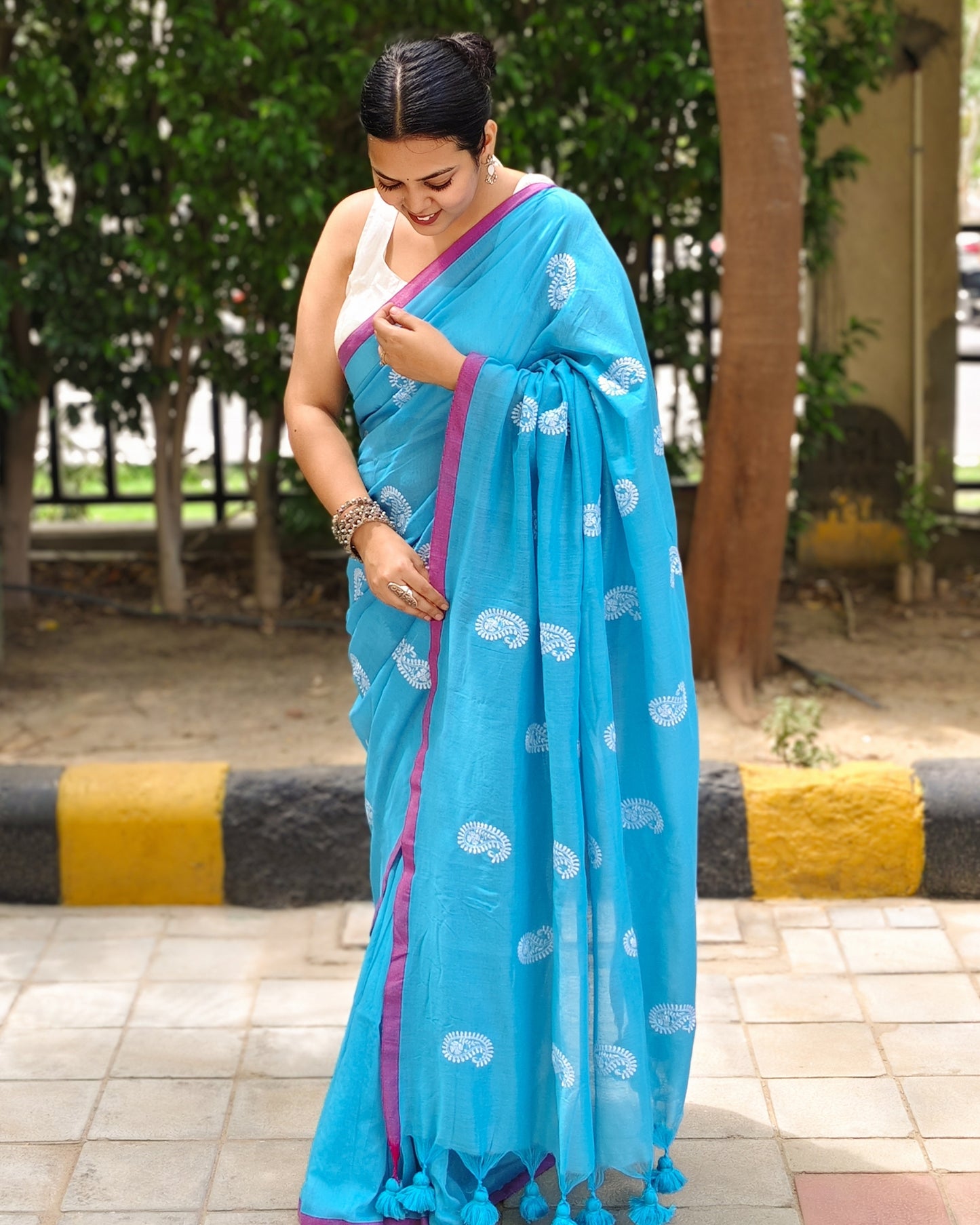 Firozi Ambi Handloom Cotton Saree + Mauve Gajji Silk Blouse Combo