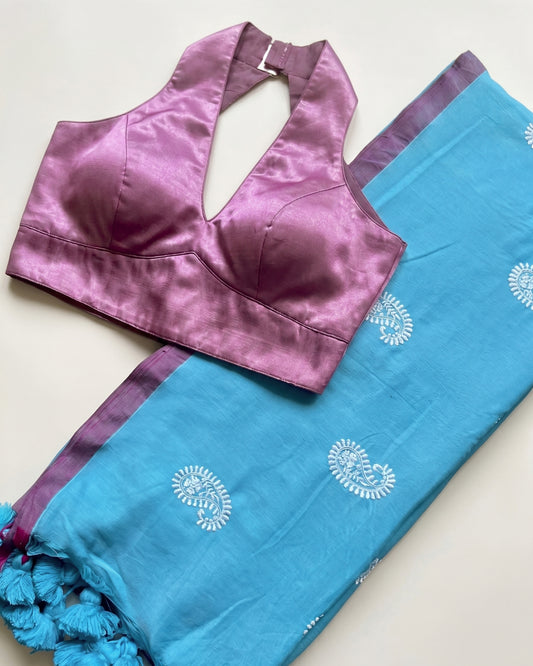Firozi Ambi Handloom Cotton Saree + Mauve Gajji Silk Blouse Combo