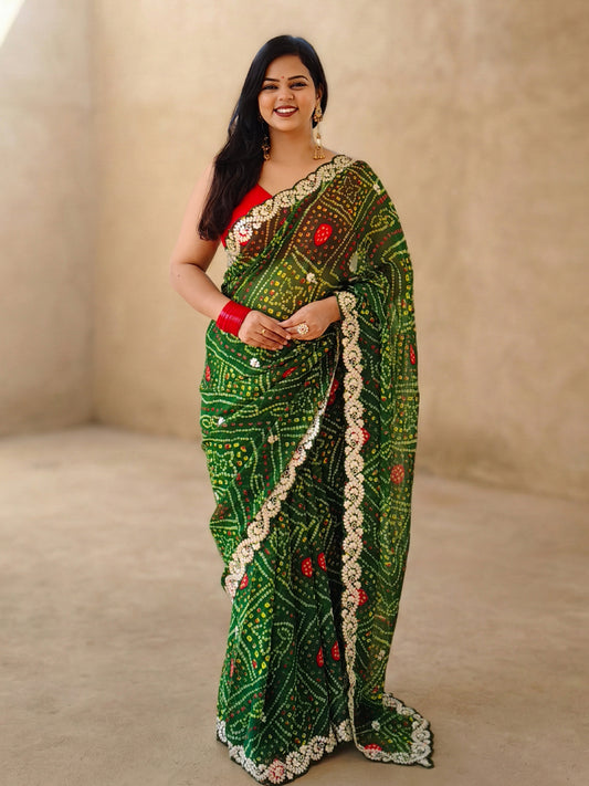 Green Bandhani Printed Georgette Saree