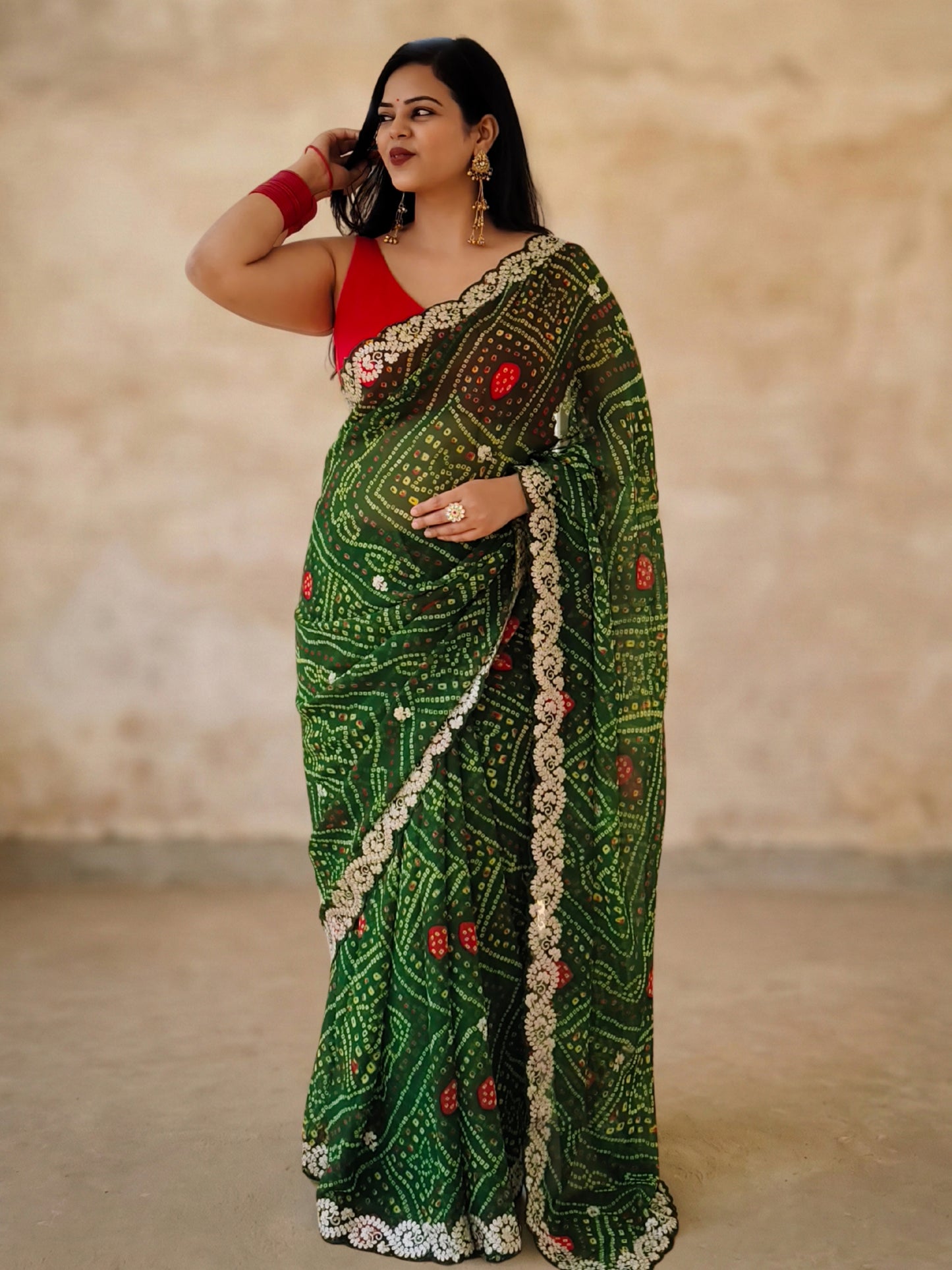Green Bandhani Printed Georgette Saree