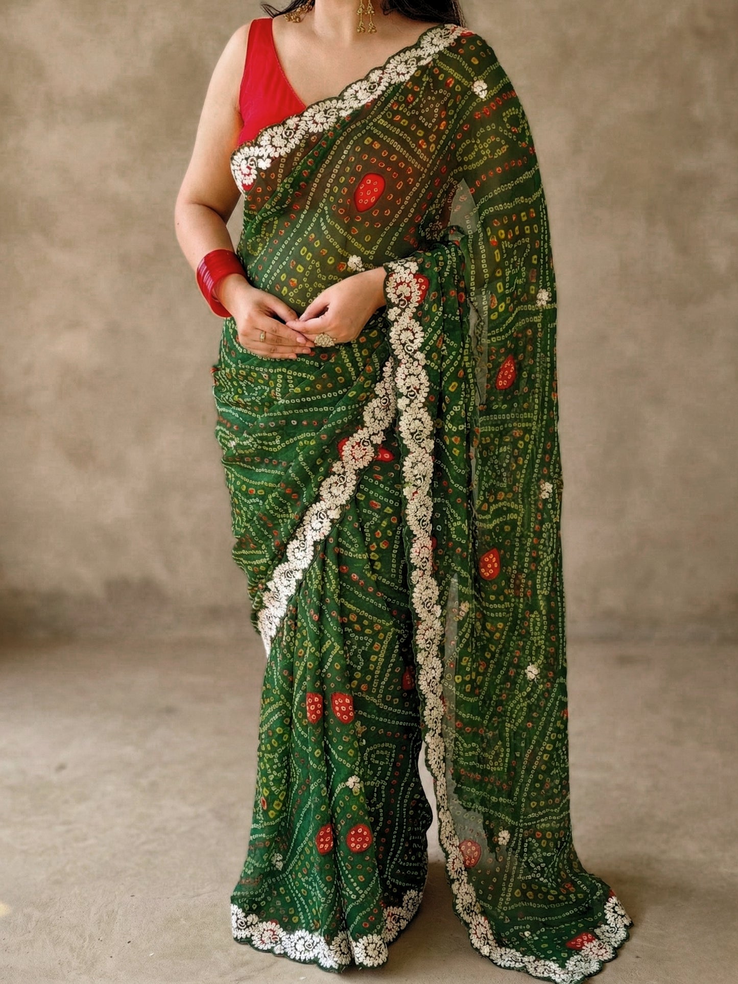 Green Bandhani Printed Georgette Saree