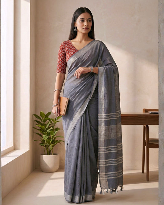 Grey Pure Linen Saree With Handblock Printed Blouse Piece